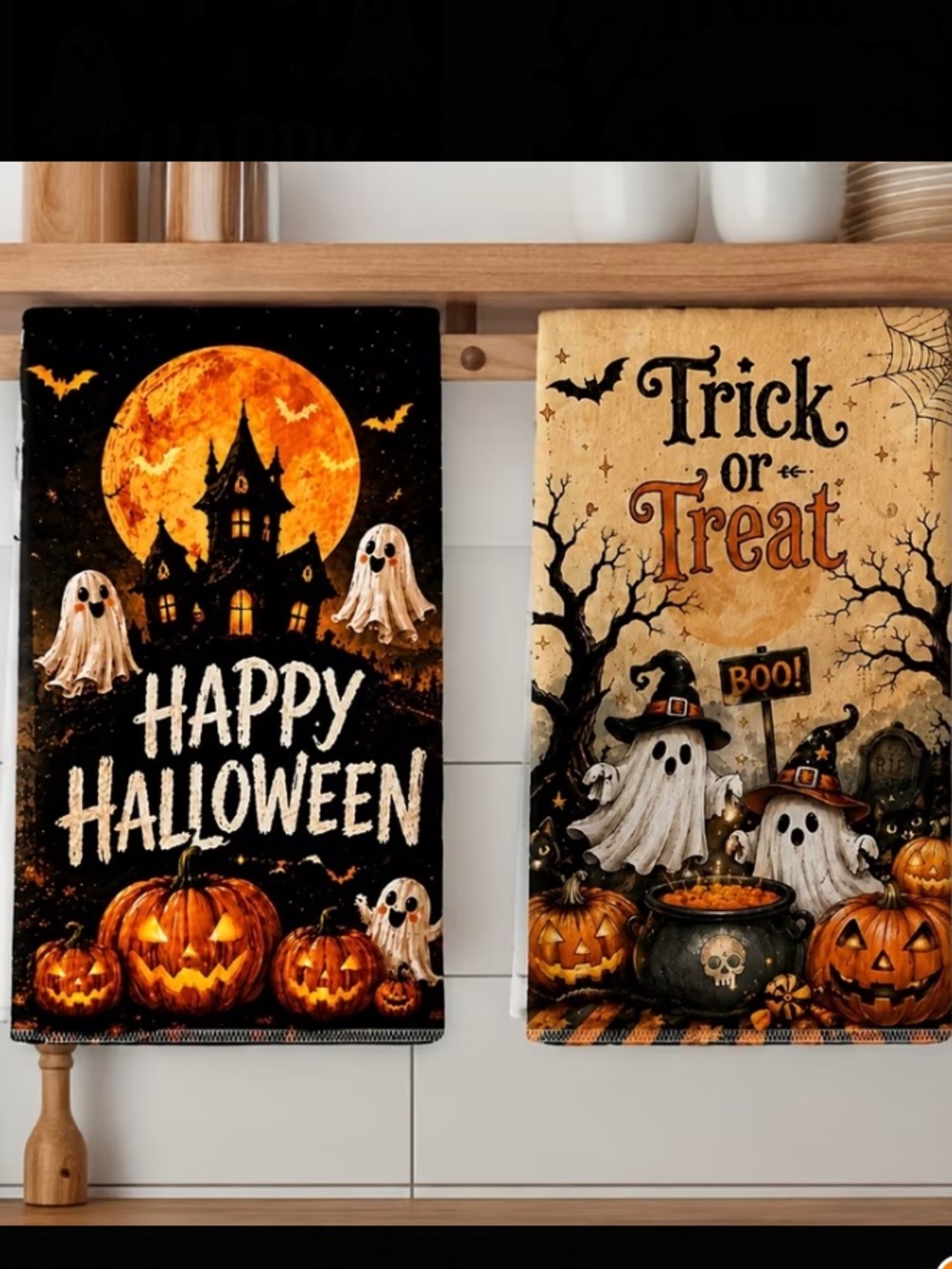 2 Halloween Kitchen Towels with Graphics